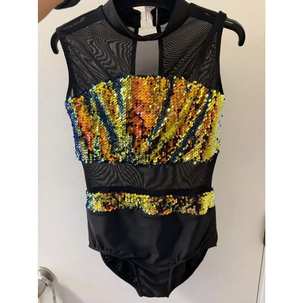 Glamour solo dance costume sequin mesh black gold SA-Small adult NEW